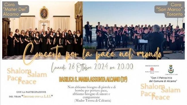 Alcamo: concerto per la Pace nel Mondo dei cori “Mater Dei” di Alcamo e San Marco di Toronto (Canada)