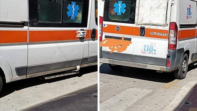 Il lettore segnala: a Petrosino l’ambulanza del 118 con un cartone al posto del vetro e con la portiera incerottata