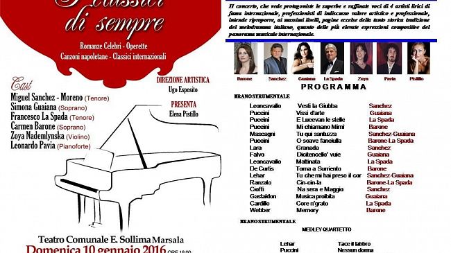 “I classici di sempre” il 10 Gennaio al teatro Comunale “Eliodoro Sollima” a Marsala