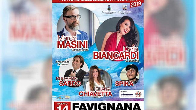 Marco Masini e Daria Biancardi il 14 settembre sul palco di piazza Matrice a Favignana per i festeggiamenti del Santo Patrono
