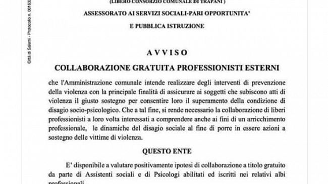 Salemi: assistenti sociali e psicologi a gratis? Interviene l’Ordine ma c’è un errore