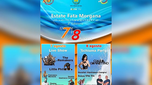 Mazara, il 7 e l'8 agosto live show e schiuma party a Tonnarella