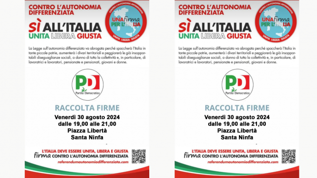 Santa Ninfa: il Pd organizza raccolta firme per il referendum contro l'autonomia differenziata