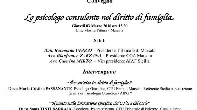Il 3 marzo a Marsala il convegno “Lo psicologo consulente nel diritto di famiglia”