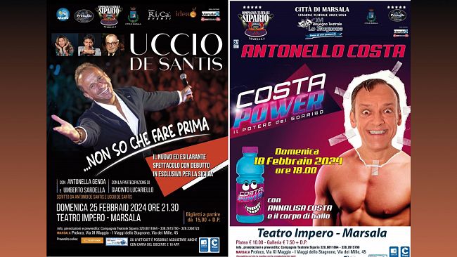 Marsala. Antonello Costa in scena con “Costa Power- Il potere del sorriso” e Uccio De Santis con 