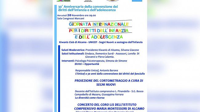 Alcamo: mercoledì mattina, Centro Congressi Marconi, convegno “Giornata Internazionale per i diritti dell’infanzia e dell’adolescenza”