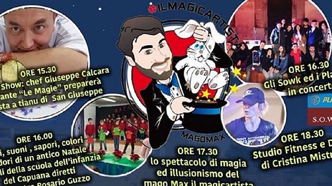 Pasta a Tianu, Mago Max, Studio Fitness e Dance, Coro Capuana-PArdo, Planet B e Sowk e la Befana di Progetto Triscina. Gran finale al Villaggio degli Elfi