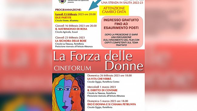 Pantelleria: rimandata la 1^ proiezione del cineforum ‘La forza delle donne’