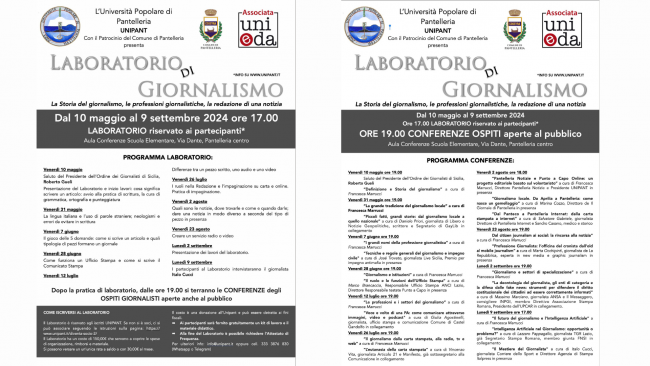 Pantelleria, UNIPANT: saranno aperte al pubblico le conferenze del laboratorio di giornalismo che parte il 10 maggio