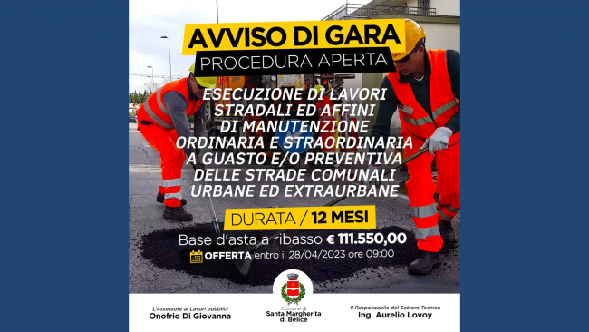S. Margherita, avviso di gara lavori di manutenzione stradali 