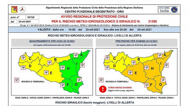 Avviso di rischio meteo idrogeologico-idraulico per le prossime 24 ore