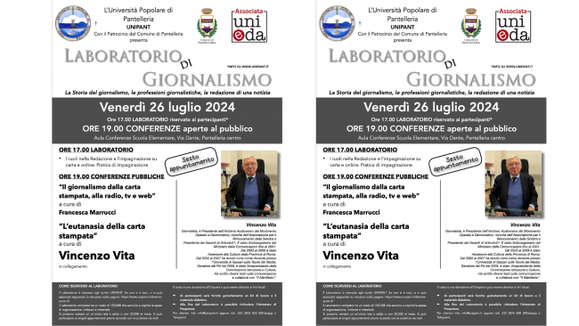 Pantelleria: venerdì al laboratorio di giornalismo il giornalista, già sottosegretario alla cultura, Vincenzo Vita
