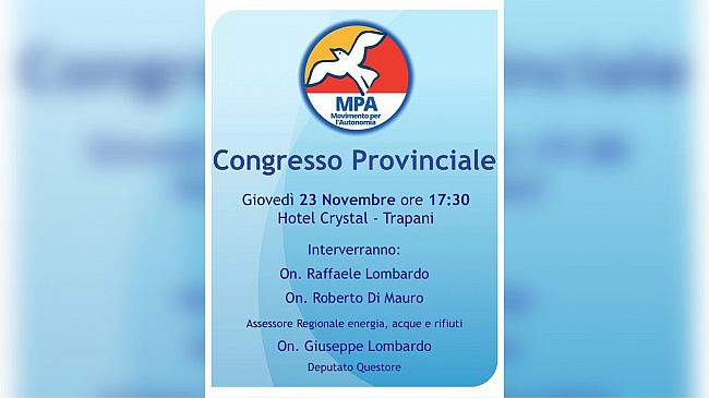 Trapani, giovedì 23 novembre si celebrerà il congresso provinciale MPA