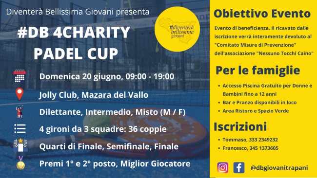 DB 4 Charity Padel Cup domenica 20 giugno al “Jolly Padel & Tennis Club”      