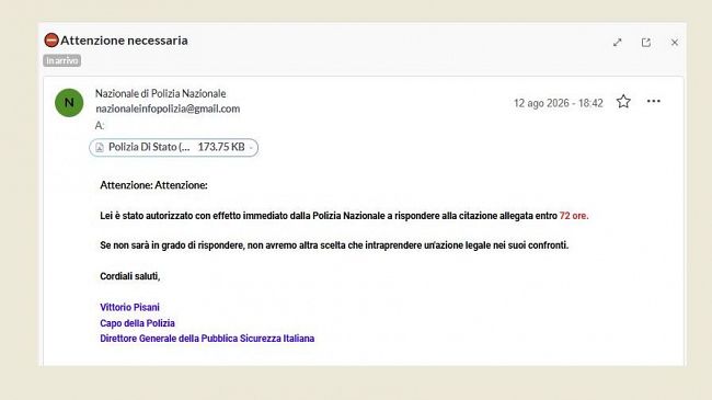 Finta email della Polizia: attenzione al tentativo di phishing che circola in questi giorni
