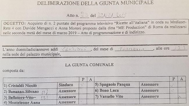 La Giunta Cristaldi acquista 2 puntate di “Ricette all’Italiana” che andranno in onda in piena campagna elettorale