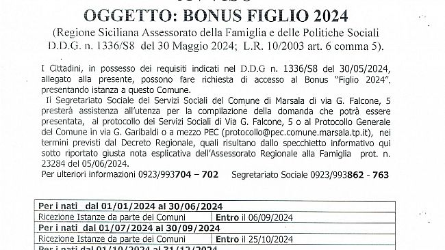 Marsala, come richiedere il “Bonus Figlio” 2024