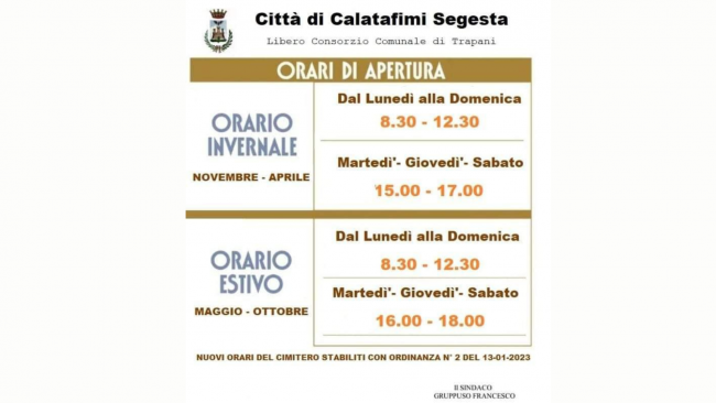Calatafimi, ecco i nuovi orari di apertura e chiusura del cimitero Comunale