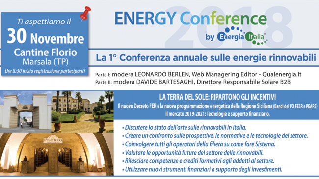 Il 30 novembre in Sicilia l’ENERGY CONFERENCE, evento nazionale dedicato ai nuovi incentivi sul fotovoltaico.
