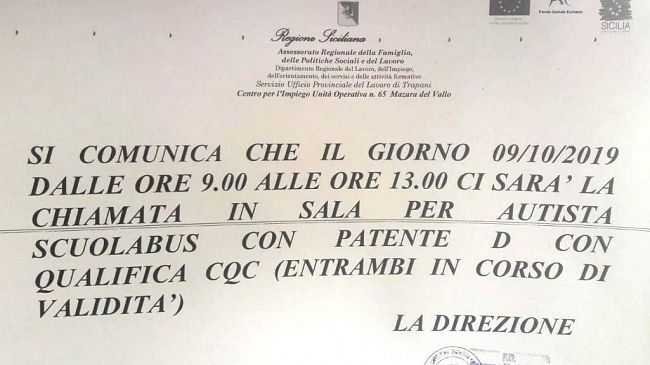 Mazara, il comune assumerà un autista di scuolabus tramite il Centro per l’impiego