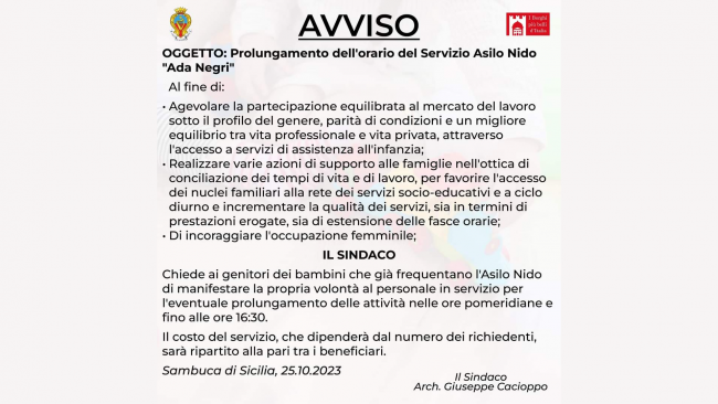 Sambuca, prolungamento dell'orario del Servizio Asilo Nido 