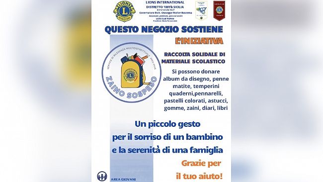 Lions Club Trapani: al via la 3ª edizione dell’iniziativa solidale “Zaino Sospeso”