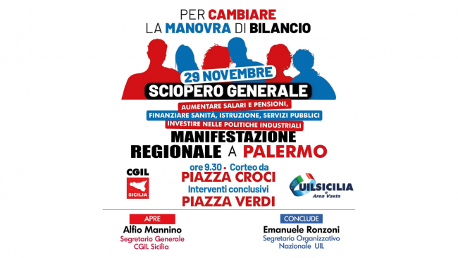 Cgil e Uil Trapani domani sciopero generale a Palermo per chiedere al Governo di cambiare la Manovra di bilancio