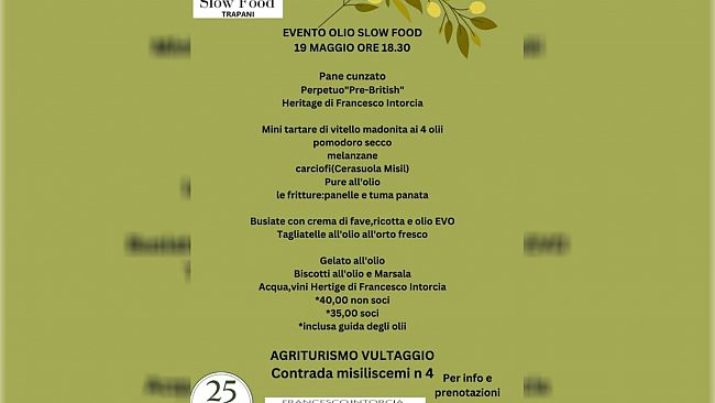 Trapani, Slow Food organizza un evento sull'Olio Extra Vergine di Oliva