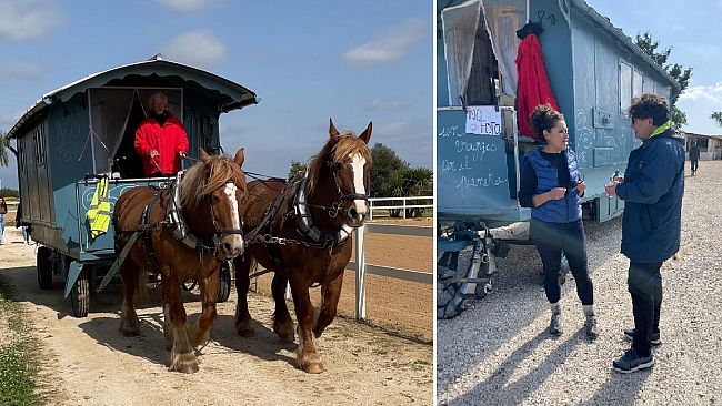 “Un viaggio per il pianeta”. Tappa a Mazara della carrozza/roulotte di una coppia francese  