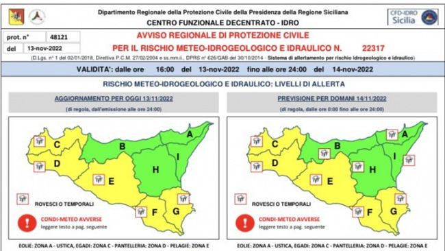 Mazara, Allerta gialla meteo 14 novembre