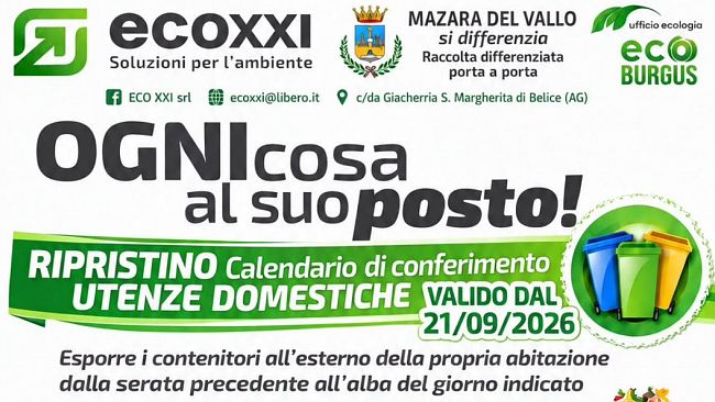 Mazara. Raccolta rifiuti: riparte il calendario consueto e arriva il numero unico