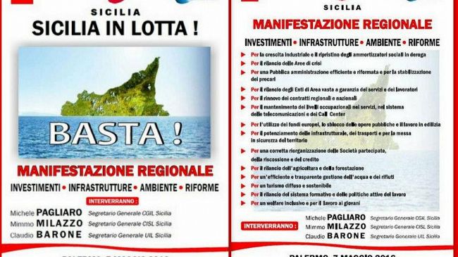 SICILIA – Il 7 maggio a Palermo la manifestazione regionale Cgil Cisl Uil “Sicilia in lotta”. Un migliaio di manifestanti da Trapani per chiedere sviluppo e lavoro