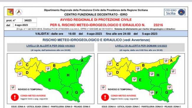 Mazara, Allerta meteo gialla (livello attenzione)