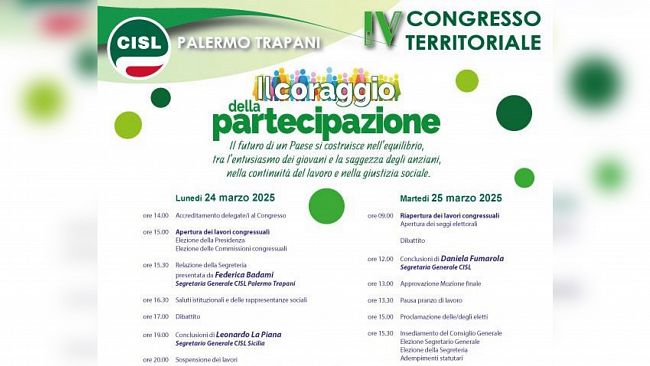 Cisl Palermo Trapani: al via il IV Congresso Territoriale