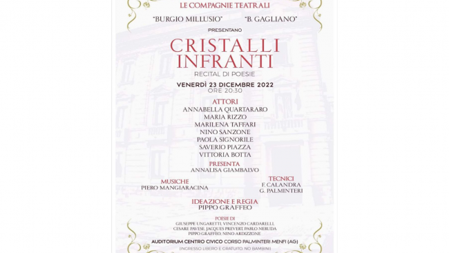 Menfi, venerdì 23 dicembre lo spettacolo “Cristalli infranti”