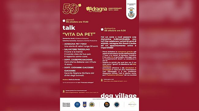 Alcamo: 50 anni di storia di Adragna Pet Food, talk e dog village aperti a tutti