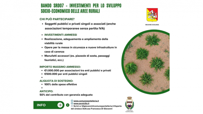 Pantelleria, online il ​bando SRD07- Investimenti per lo sviluppo socio-economico delle aree rurali 