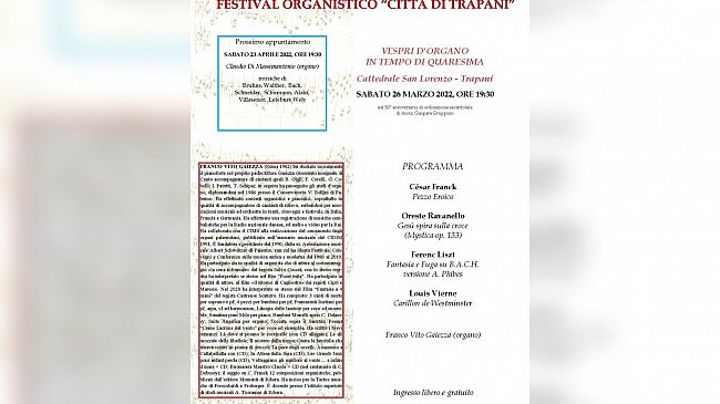 Nuovo appuntamento domani con il  Festival Organistico “Città di Trapani”
