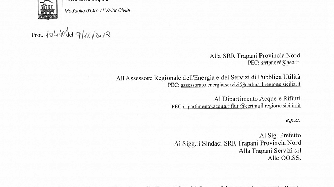 Trapani: nota di diffida del Sindaco riguardante mancato adeguamento transito del personale dalla Trapani Servizi alla SRR