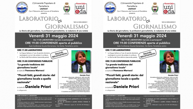 Pantelleria, UNIPANT: tutto pronto per la conferenza di Daniele Priori al laboratorio di giornalismo