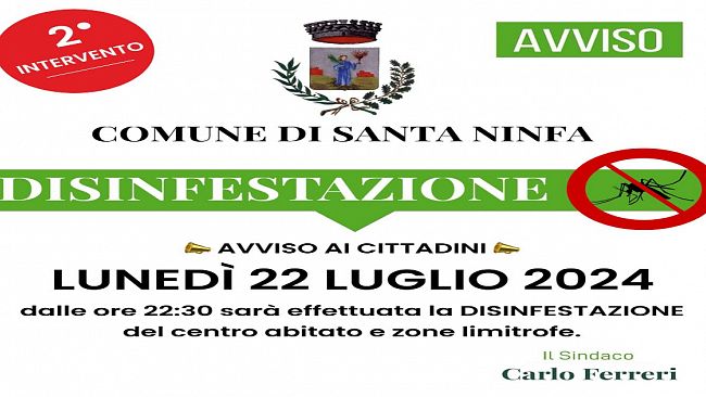 Santa Ninfa, oggi 22 luglio si terrà il secondo intervento di disinfestazioni 