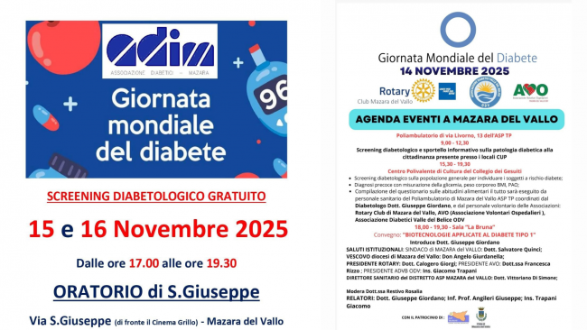 Mazara, Giornata Mondiale del Diabete: ecco le iniziative dal 14 al 16 novembre 
