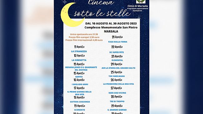 Marsala, ritorna da domani a San Pietro il “Cinema sotto le stelle”