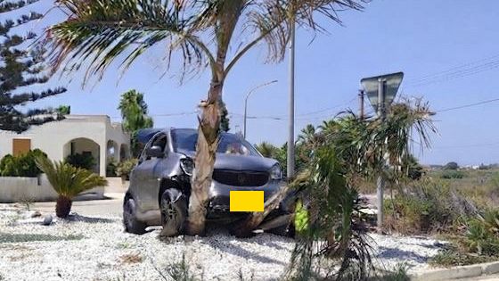 Contrada Pastorella, violento impatto: minicar finisce contro una palma