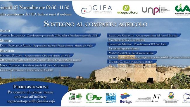CIFA, venerdì 27 novembre l’incontro online “Sostegno al comparto agricolo”