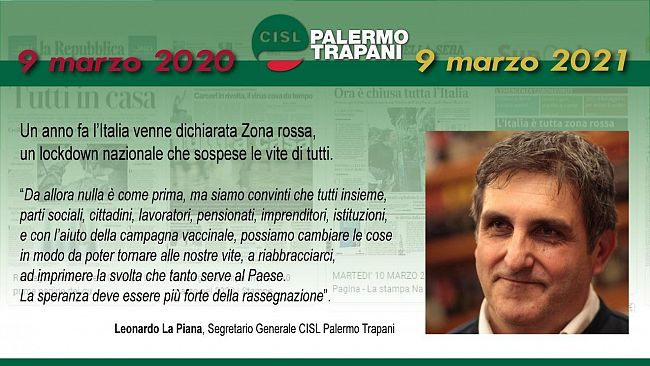 CISL Palermo Trapani, le considerazioni di La Piana ad un anno dal primo lockdown