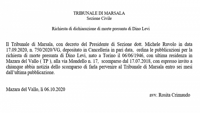 Richiesta di dichiarazione di morte presunta di Dino Levi