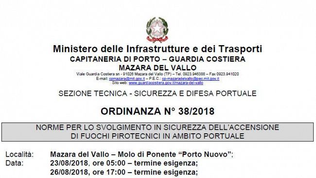 Mazara: ordinanza riguardante interdizione area di accensione di fuochi pirotecnici in ambito portuale