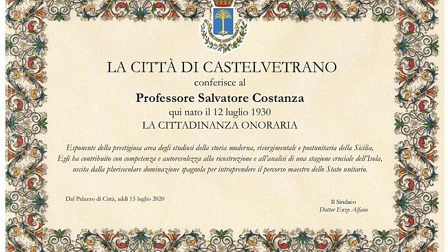 Domani sarà assegnata la Cittadinanza onoraria di Castelvetrano al prof. Salvatore Costanza