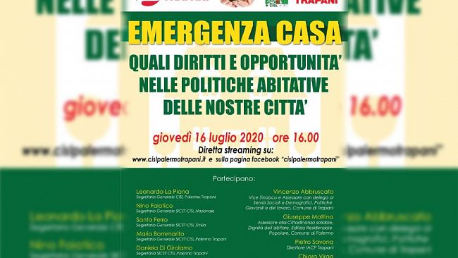 Emergenza casa, dibattito in videoconferenza organizzato da Cisl e Sicet Palermo Trapani